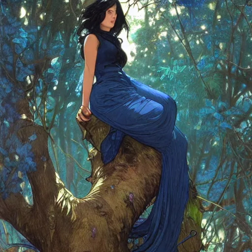 Image similar to study of a woman resting on a large tree, short black hair, decorative dark blue clothing, sharp focus, ultra realistic illustration, colorful, cinematic lighting, high fantasy, intricate, highly detailed, smooth, elegant, artgerm, greg rutkowski, alphonse mucha magali villeneuve