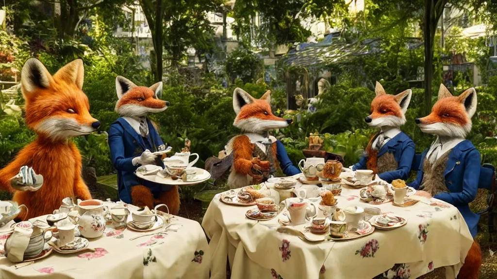 Image similar to film still from the movie chappie outdoor park plants garden scene bokeh depth of field several figures sitting down at a table having a delicious grand victorian tea party crumpets furry anthro anthropomorphic stylized fox foxes wearing suits and dresses