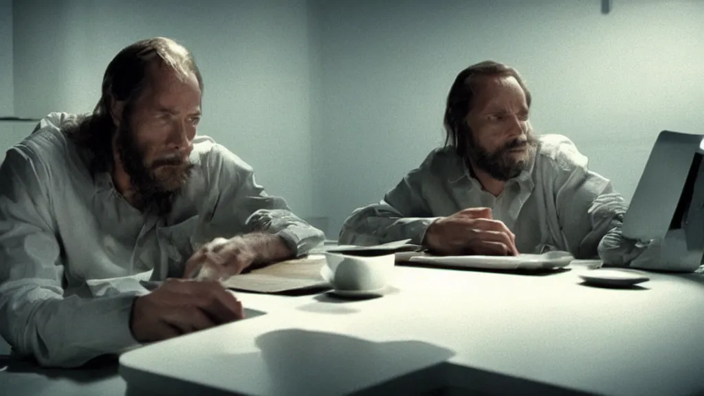 Image similar to Using Stable Diffusion for the first time and staying up way past your bedtime, man bleary eyed at a computer, film still from the movie directed by Denis Villeneuve with art direction by Salvador Dalí, wide lens