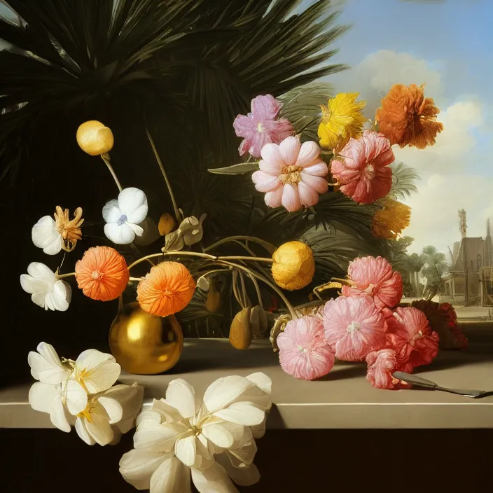 Image similar to still life painting of a beautiful bouquet of flowers by pieter claesz, palm trees in the background, oil on canvas, strong lighting, highly detailed, hyper realism, golden hour, god rays, hd, 4 k