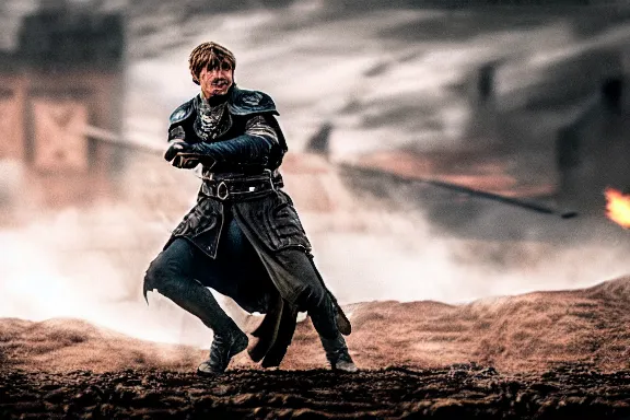 Image similar to very very intricate photorealistic photo of jaime lannister fighting cersei, photo is in focus with detailed atmospheric lighting, award - winning details