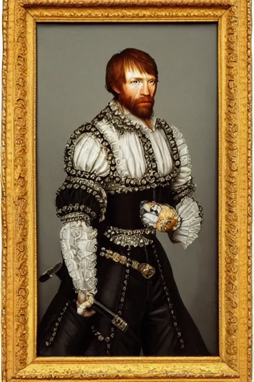 Image similar to a 1 6 0 0 s framed portrait painting of chuck norris holding a skull, intricate, elegant, highly detailed