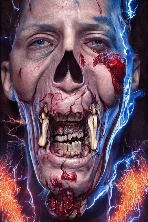 Prompt: uhd hyperrealistic photorealisitc hyperdetailed detailed adam sandler head exploding, skull exposed, puking blood, screaming, with sparking circuits, studio lighting, by ayami kojima amano karol bak, greg hildebrandt and mark brooks