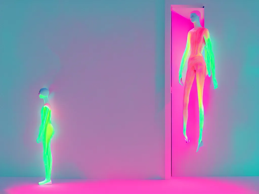 Prompt: “ a beautiful mannequin made of marble printed in 3 d geometric neon + kintsugi!!, facing a giant doorway opening with a neon pink light, flowering iridescent pineapples + orchids, transcendent, vibrant color, clean linework, finely detailed, 4 k, trending on artstation, photorealistic, volumetric lighting, octane render ”