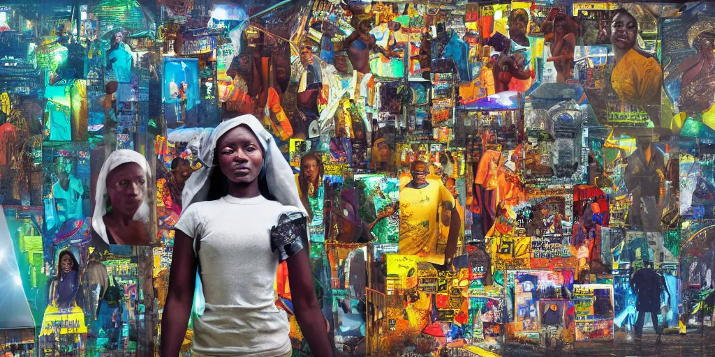 Image similar to ROBOT of AJEGUNLE SLUMS of Lagos inside African JESUS CHRIST about AESTHETICS surrounding large UFO within NEON rays of light, magazine collage,