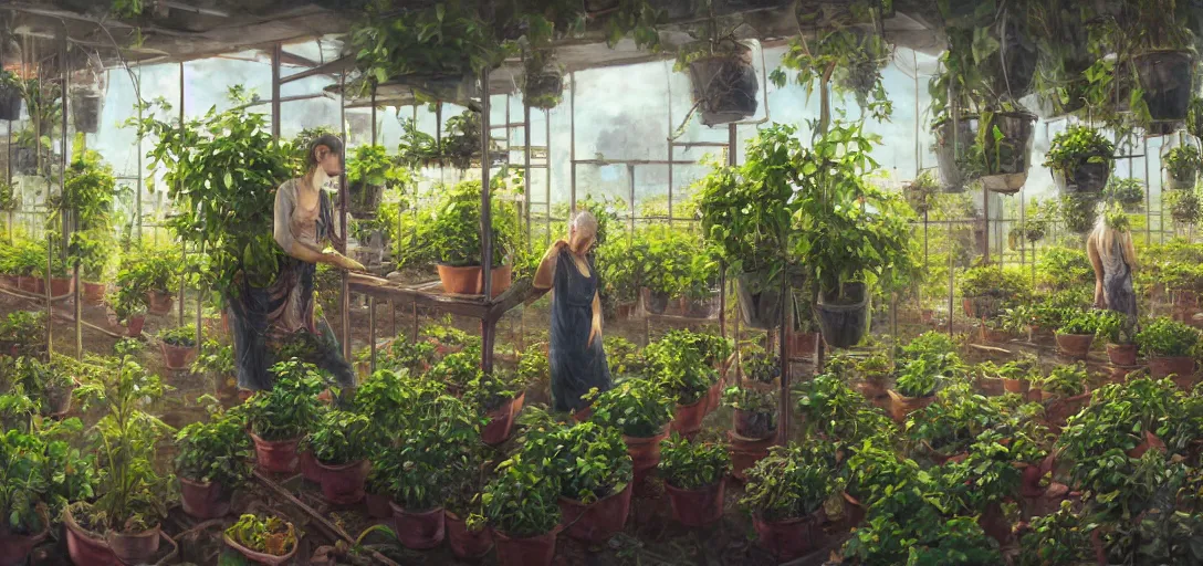 Prompt: gloomy Biopunk, organic oil painting of solarpunk woman cultivating hydroponic plants, wide shot, indoors