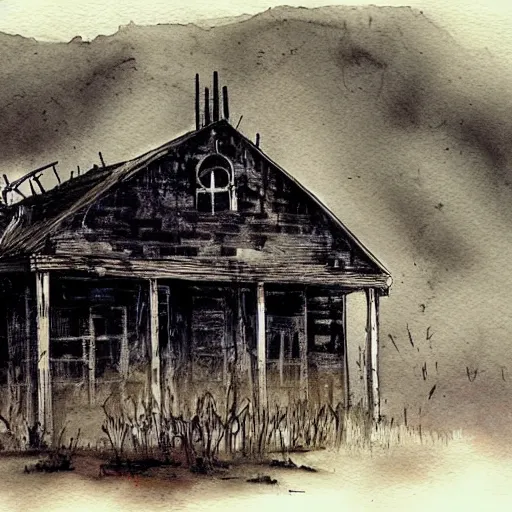 Image similar to hunt showdown burning chapel, dark, gritty, grim, bayou, watercolor