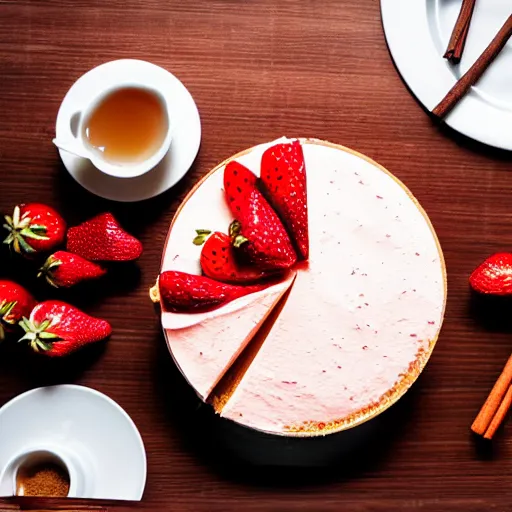 Image similar to realistic photo of a strawberry cheesecake, delicious, studio lighting, cinnamon and tea beside, realistic, food