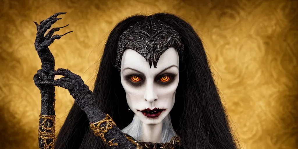 Image similar to photo taken of an epic intricate, ultra detailed, super realistic stop motion puppet of a majestic gracious regal aristocratic brunette female vampire and gothic filmset created by weta workshop and tim burton, menacing, wide angle, full body shots, photorealistic, sharp focus, gloomy, extremely cold blueish colour temperature, 3 5 mm, f 1. 4, golden ratio