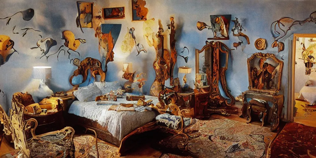 Prompt: a cozy bedroom decorated by Salvador Dali, detailed, high resolution, wow!, intricate