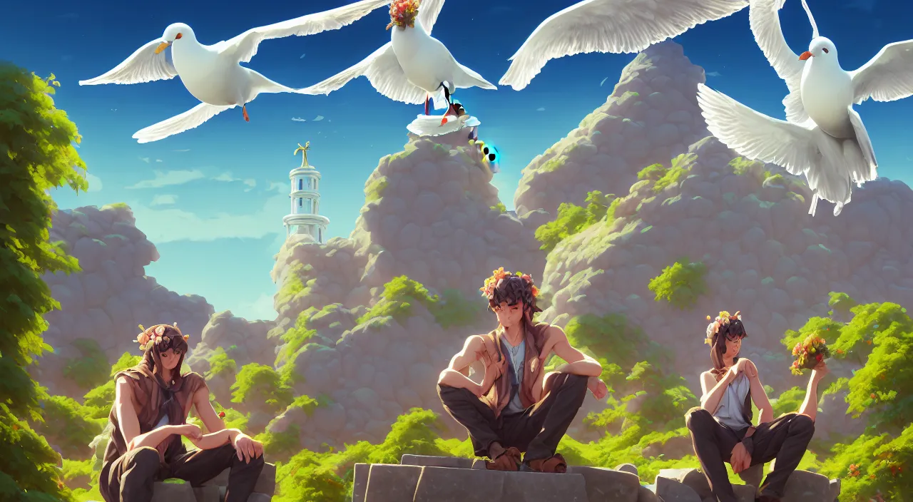 Image similar to painting of antic sitting seagull statue and hill valley Nordic temple of olympus glory hogweed plant grow flower ,in marble incrusted of legends heartstone official fanart behance hd by Jesper Ejsing, by RHADS, Makoto Shinkai and Lois van baarle, ilya kuvshinov, rossdraws global illumination