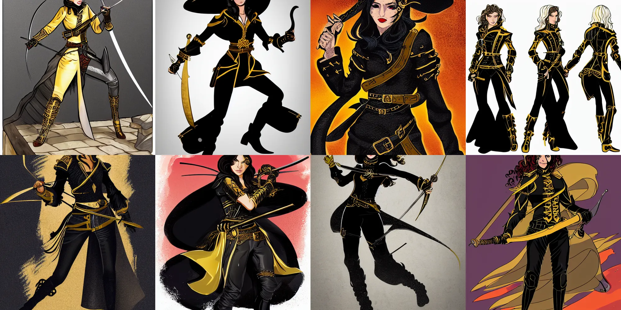 Prompt: a well-polished digital illustration of a high-level D&D character, a swashbuckler rogue who is a skilled fencer, her outfit is black with gold accents, is fashionable, and features organza waves