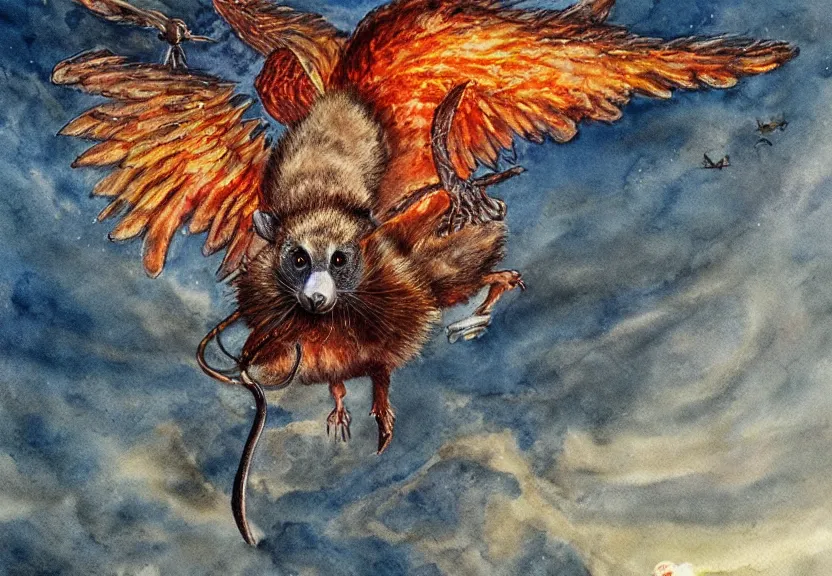 Image similar to legendary fire winged possum flying over a medieval castle under the dark starred sky, dark fantasy, watercolor, dreaming illusion, highly detailed, 4k, trending on Artstation, award-winning