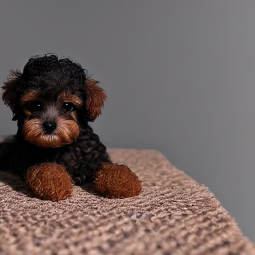 Prompt: octane render of a yorki-poo puppy sitting on a rug in a fancy living room, 8k, ultra intricate, ultra detailed,