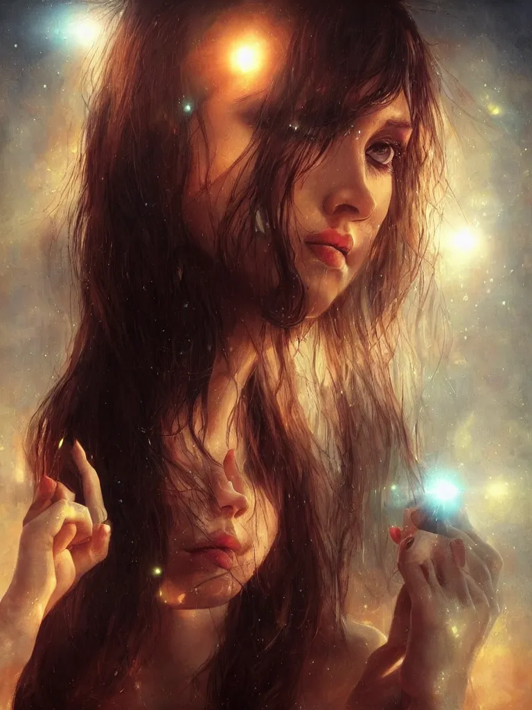 Image similar to instagram photo of a beautiful russian girl with short dark hair, pierced nose and very long fingernails, by karol bak, photography, lens flare, warm color palette, 4 k, lumen reflections