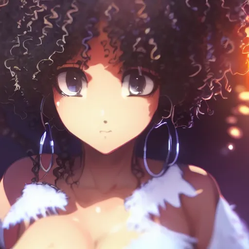 Image similar to a beautiful 3d brown anime girl, brown skin, black curly hair, Cinematic lighting, medium shot, in a anime masterpiece, highly detailed, artstation, unreal engine 4k, Cinematic wallpaper