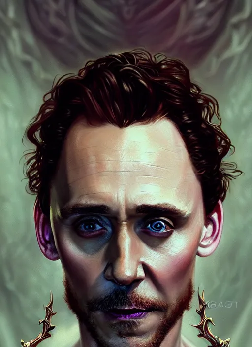 Image similar to portrait of tom hiddleston as a vampire lord, jewelry, intricate, headshot, highly detailed, digital painting, artstation, concept art, sharp focus, cinematic lighting, illustration, art by artgerm and greg rutkowski, alphonse mucha, cgsociety