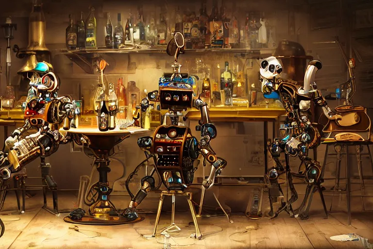 Image similar to backstage at a festival, 3 drunk steampunk robot musicians sitting on chairs, table with many bottle of beer and wiskey, exaggerated detailed, unreal engine