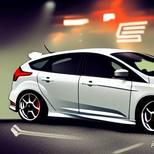 Image similar to ford focus st style of pixel art, fast shot, at night, mist, dark lighting, digital painting, art,