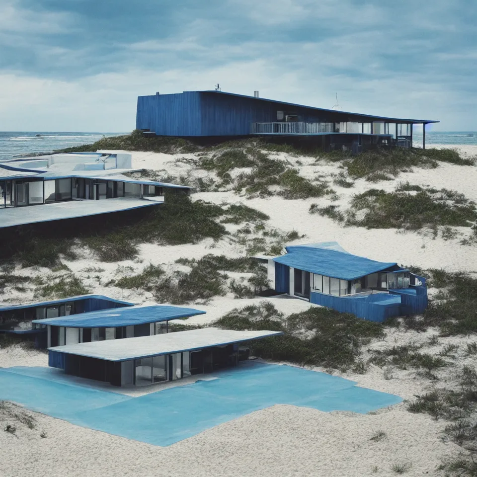 Image similar to architecture ad for a mid-century modern house on the beach, designed by Bjarke Ingels. Film grain, cinematic, colorized, blue hue