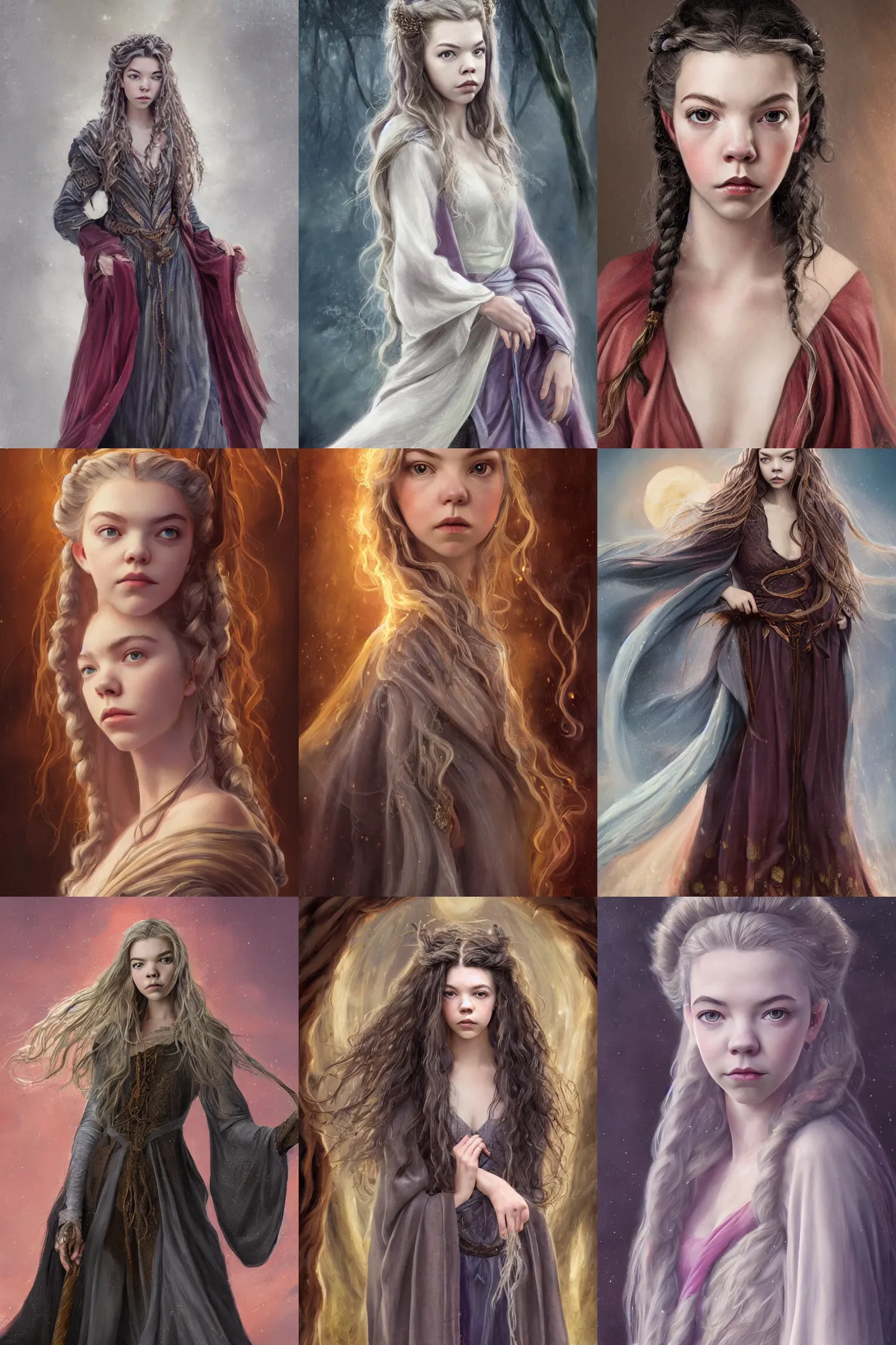 Prompt: a full body high detail fantasy portrait oil painting illustration of anya taylor-joy as a single beautiful young elegant wizard woman with flowing hair in a worn travel robe by Justin Sweet with face and body clearly visible, beautiful detailed eyes, pupils visible, realistic proportions, d&d, rpg, forgotten realms, artstation trending, high quality, sombre mood, artstation trending, muted colours, no crop, entire person visible!,