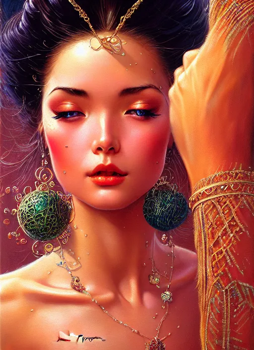 Prompt: extra perfectness women, sweetest face, close - up, expansive dress with treasure's, gorgeous, extremely high details quality, bao phan, viktor safonkin, bruce pennington, larry elmore, norman rockwell, intricate, hyperrealistic oil painting on canvas, deep depth field, hd, hdr, 4 k, 8 k