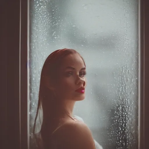 Image similar to a beautiful people photographed through a rainy window, bokeh, cinematic light,