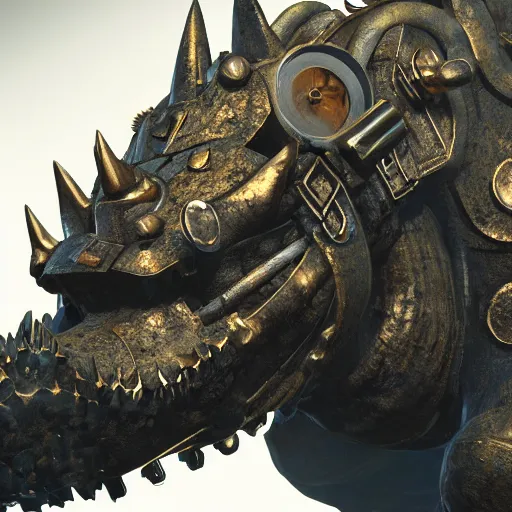 Image similar to Portrait of an angry mechanical bronze steampunk Godzilla. 4K. Concept art. Unreal engine. Highly detailed.