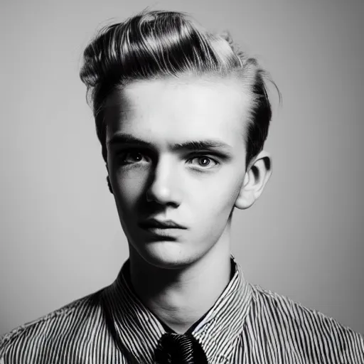 Image similar to close up of 2 1 year old man with wavy light blonde hair, blue eyes, pale complexion, wearing 1 9 5 0 s clothing, 8 5 mm f / 1. 4