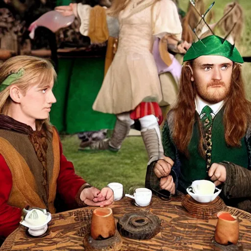 Prompt: legolas and gimli from lord of the rings drinking cups of tea at the mad hatters tea party