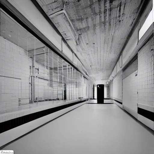 Prompt: noisy color photograph of a retrofuturist liminal space, laboratory, prison, clean, shiny floor, minimalist, beautiful shadows