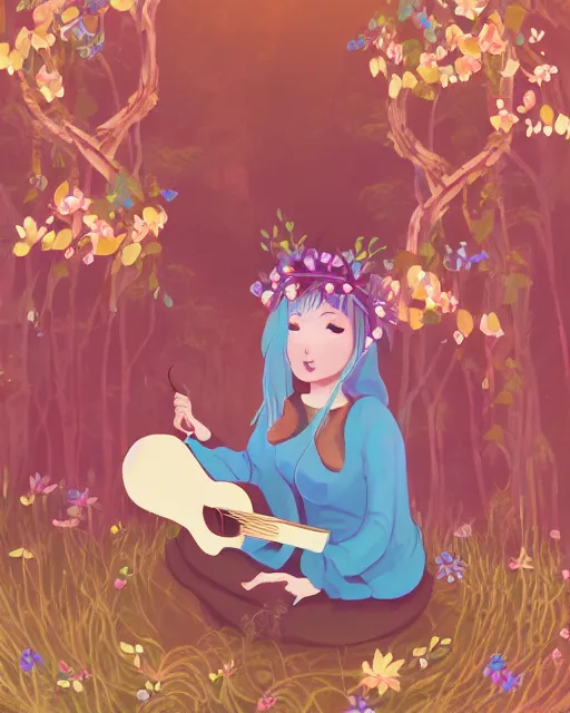 Image similar to Capybara playing Guitar in magical forest, portrait, wearing flower crown, magical notes, flowers, flower dress, birds, fairy atmosphere, magic the gathering artwork, D&D, fantasy, cinematic lighting, centered, symmetrical, highly detailed, digital painting, artstation, concept art, smooth, sharp focus, illustration, volumetric lighting, epic Composition, 8k, art by Akihiko Yoshida and Greg Rutkowski and Craig Mullins, oil painting, cgsociety