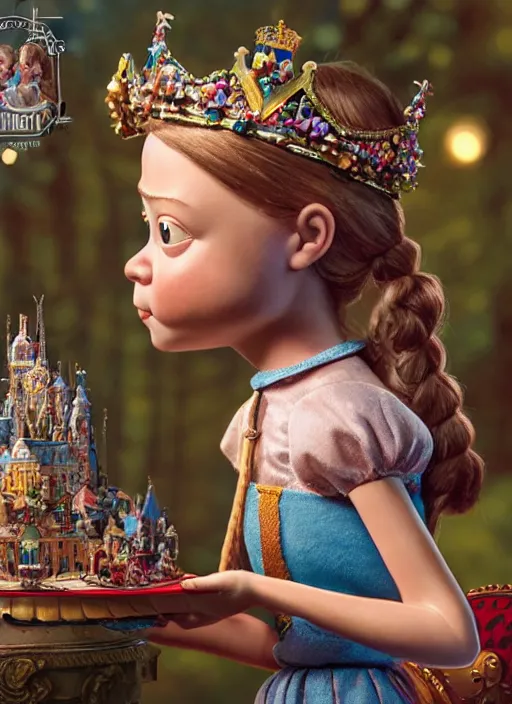 Image similar to highly detailed closeup, face profile portrait of greta thunberg as a tin toy fairytale princess wearing a crown eating cakes, bikini, unreal engine, nicoletta ceccoli, mark ryden, earl norem, lostfish, global illumination, detailed and intricate environment