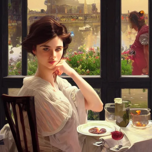 Image similar to a dinner date with the girl next door, slice of life, modern, realistic,!! looking at the camera!!, solo, first person pov, enjoying life!!! elegant, highly detailed, digital painting, artstation, concept art, matte, sharp focus, illustration, art by artgerm and greg rutkowski and alphonse mucha