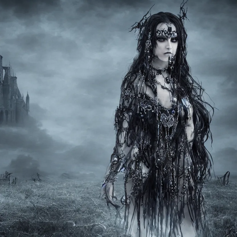 Prompt: a stunning gothic goddess of jewels in an empty land, dark and mysterious, tranquil oblivion atmospheric, ominous, eerie, cinematic, epic, 8 k, 4 k, ultra detail, ultra realistic, rendered by awesomeness