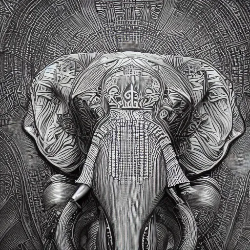 Prompt: string art, elephant, josan gonzalez, artgerm, h. r. giger, kilian eng, vibrant, octane render, unreal engine, 8 k, high contrast, highly detailed black ink outline