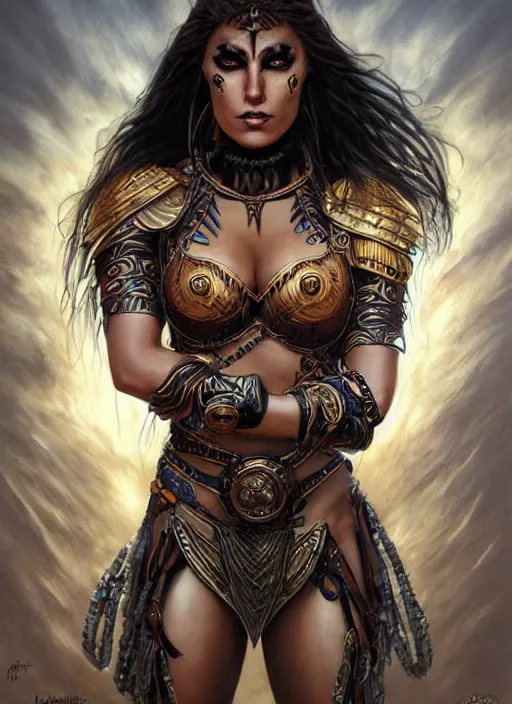 Image similar to a highly detailed symmetrical full body painting of a female amazon warrior with piercing beautiful eyes in dark tomb setting, dynamic lighting, ambient lighting, deviantart, art by artgerm and karol bak and mark brooks