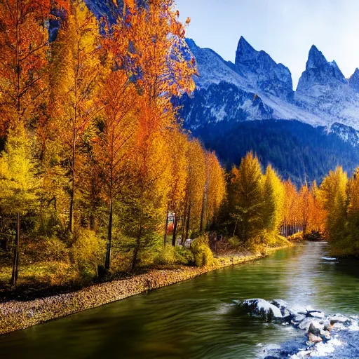 Prompt: Beautiful alpine city, located between a river and the mountains, during autumn, photorealistic, 8k,