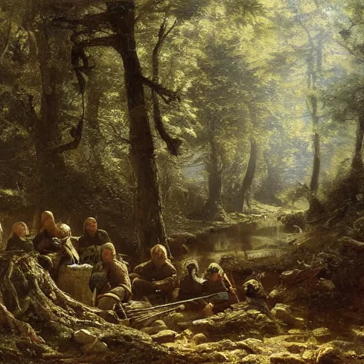 Prompt: a small group of medieval european knights are resting at a small clearing a dark wood along a small stream, highly detailed, digital painting, sharp focus, by alber bierstadt greg rutkowski