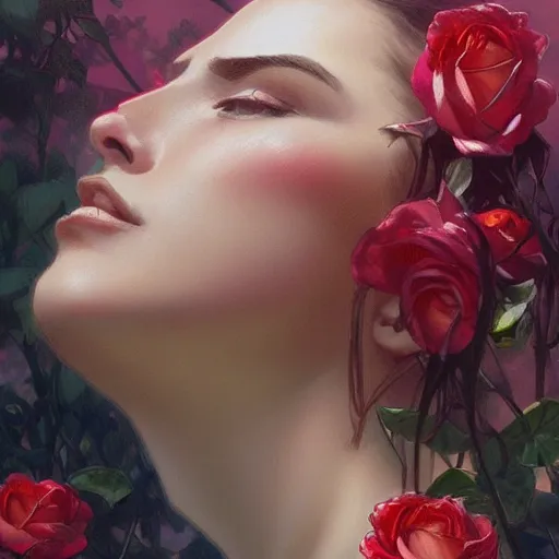 Prompt: woman smelling a flower, roses everywhere, highly detailed, digital painting, artstation, concept art, smooth, sharp focus, illustration, art by artgerm and greg rutkowski and alphonse mucha