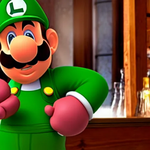 Image similar to luigi from super mario hanging at the bar and getting drunk with the boys