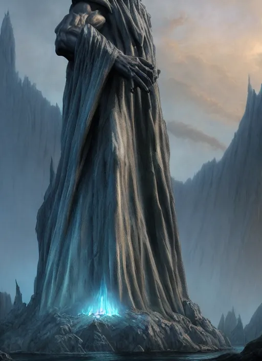 Image similar to the statues of argonath, epic fantasy horror digital matte painting by steve henderson and mark brooks ( and greg rutkowski ), extremely detailed, artstation