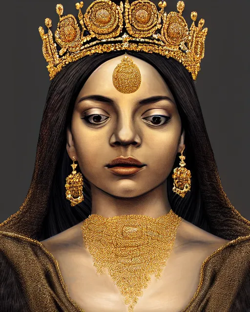 Image similar to realistic portrait of a queen, dark, gold and silver ornaments, facing camera, photo realistic, detailed, 1 4 5 0, delicate, hyper realism, ultra realistic, matte painting, 8 k