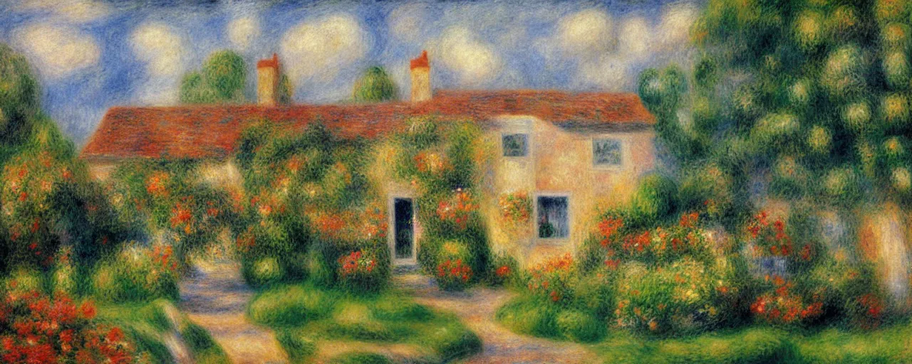 Image similar to a somerset cottage in the style of Renoir