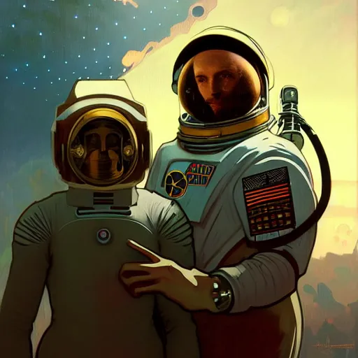 Image similar to portrait of a vicotrian steampunk astronaut with helmet man in suit by darek zabrocki, alphonse mucha, simon stalenhag and cinematic and atmospheric, concept art, artstation, trending on artstation