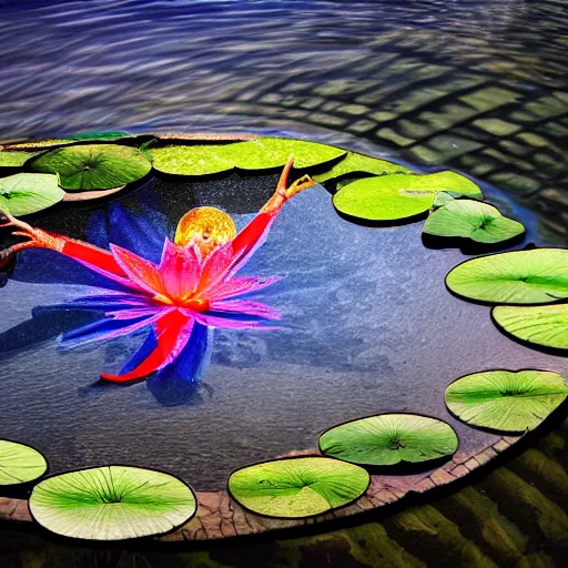 Image similar to alex jones infowars, lying on lily pad, pond, rainbow water, surreal