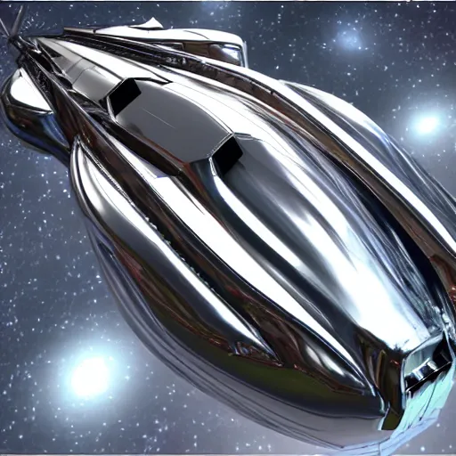 Image similar to Futuristic spaceship made out of chrome, highly detailed, flying into the void of insanity