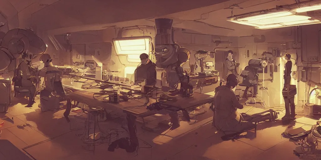 Image similar to concept art, intimate, retro, atomic age, droid repair workshop, 7 0 s aesthetics and palette, soft lighting, syd mead, akihiko yoshida, cinematic