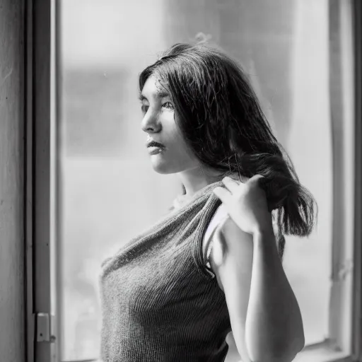 Image similar to black and white fashion photograph highly detailed portrait of a depressed beautiful 30 years old model woman standing by the window, natural light, rain, mist, lomo, fashion photography, film grain, soft vignette, sigma 85mm f/1.4 1/10 sec shutter