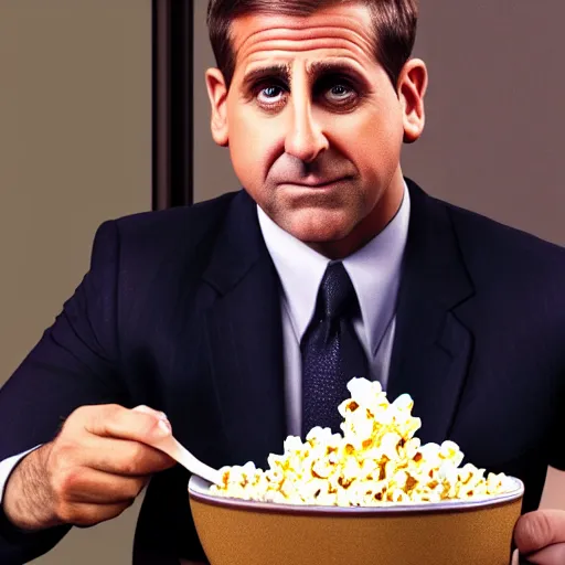 Image similar to steve carrell eating a bowl of popcorn, front facing, realistic, hyperrealistic, ultra realistic, real, real world, highly detailed, very detailed, extremely detailed, intricate details, 8 k resolution, hd quality